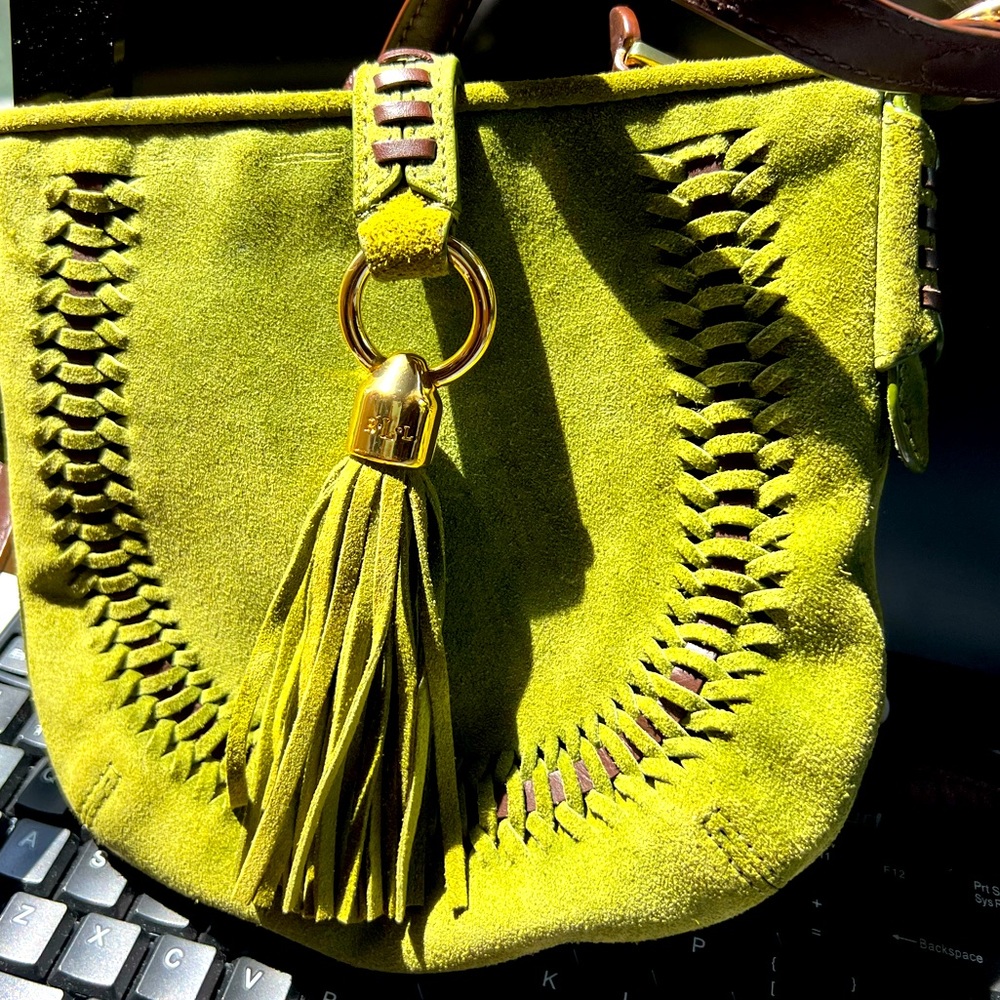 Olive green leather strap crossbody suede bag